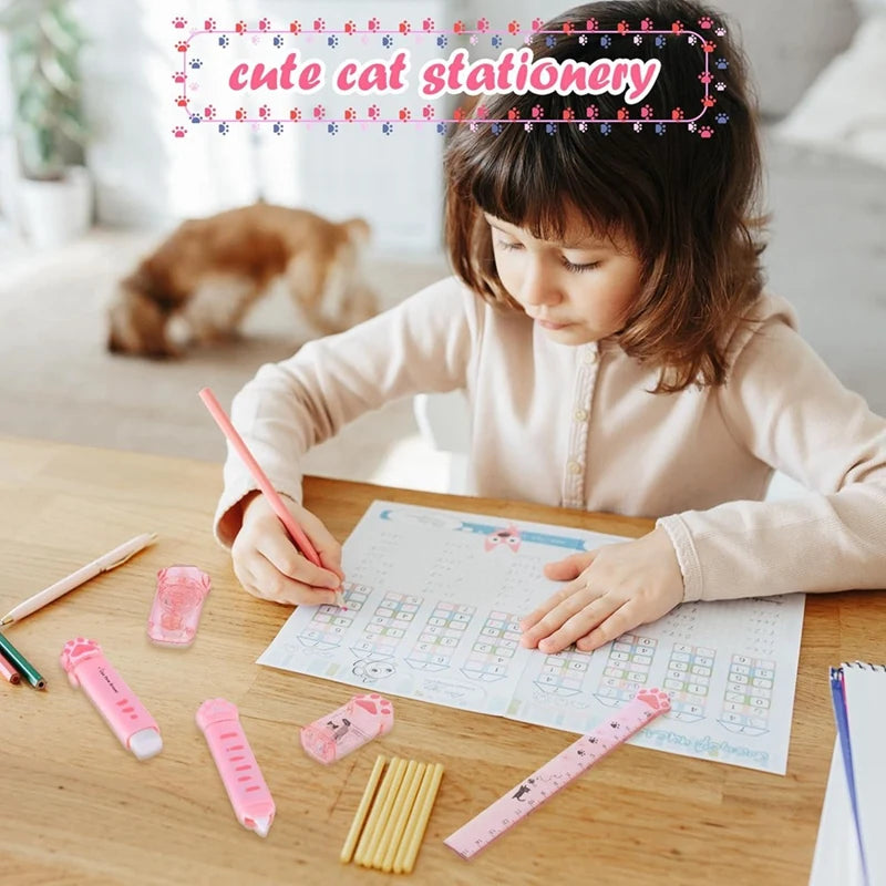 Cute Cat Paw Stationery Set, 6 Pcs Kawaii Cat Stationary Kit Pencil Sharpener Retractable Eraser Correction Tape Ruler Pink
