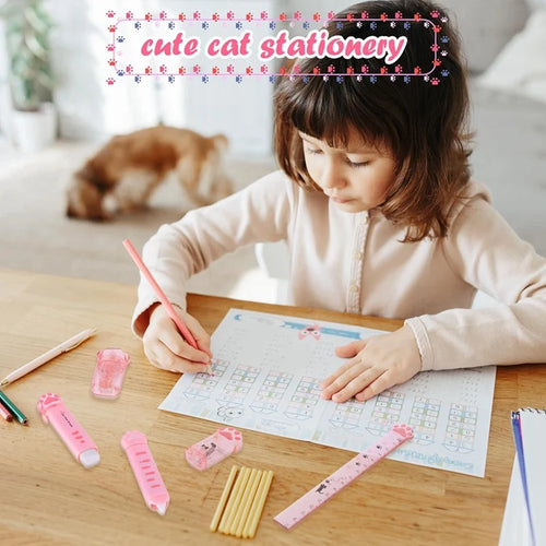 Cute Cat Paw Stationery Set, 6 Pcs Kawaii Cat Stationary Kit Pencil Sharpener Retractable Eraser Correction Tape Ruler Pink