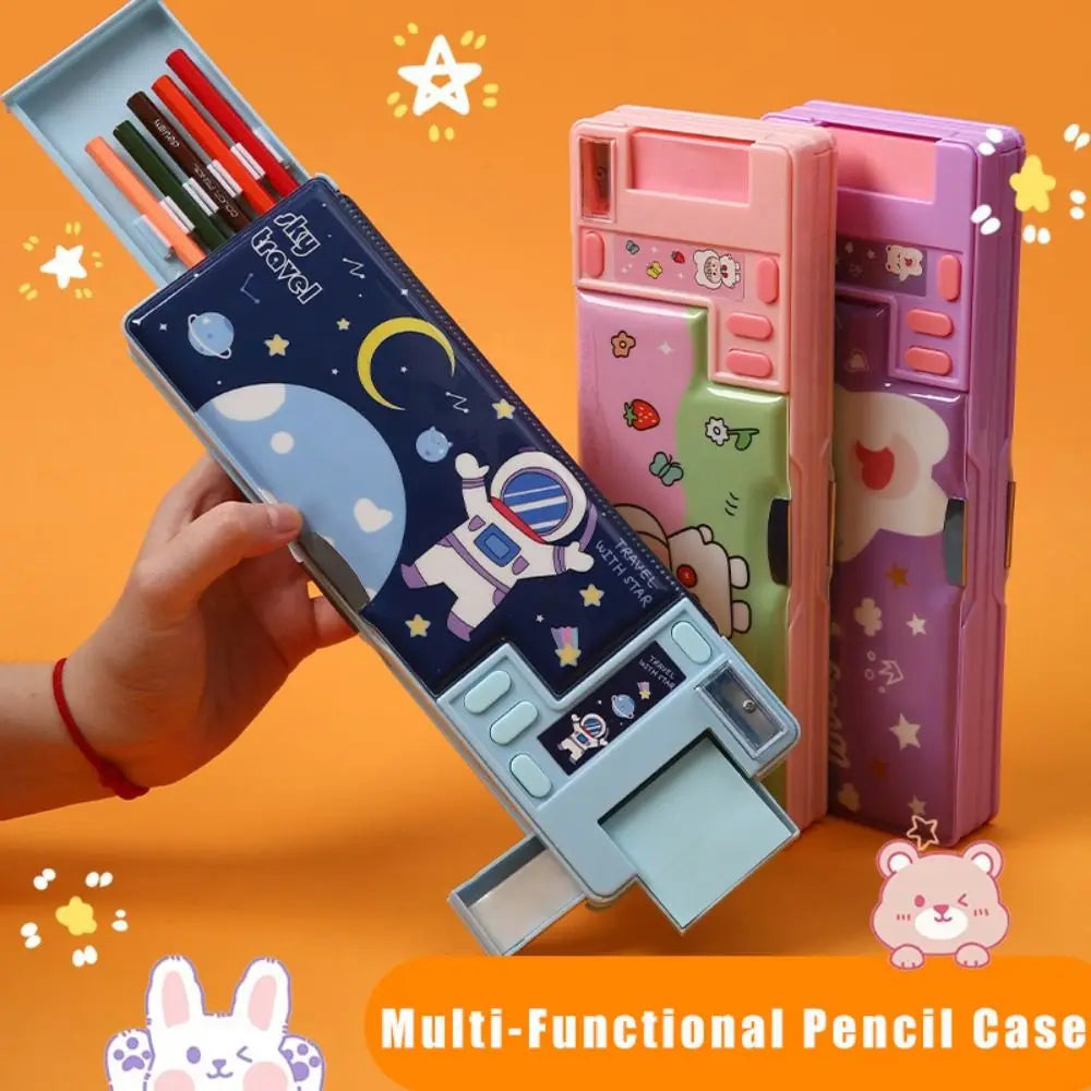 Plastic Pencil Case With Calculator/Pencil Sharpener Double Sided Use Pencil Box Fun Mechanism Design Multi-Functional Pen Box