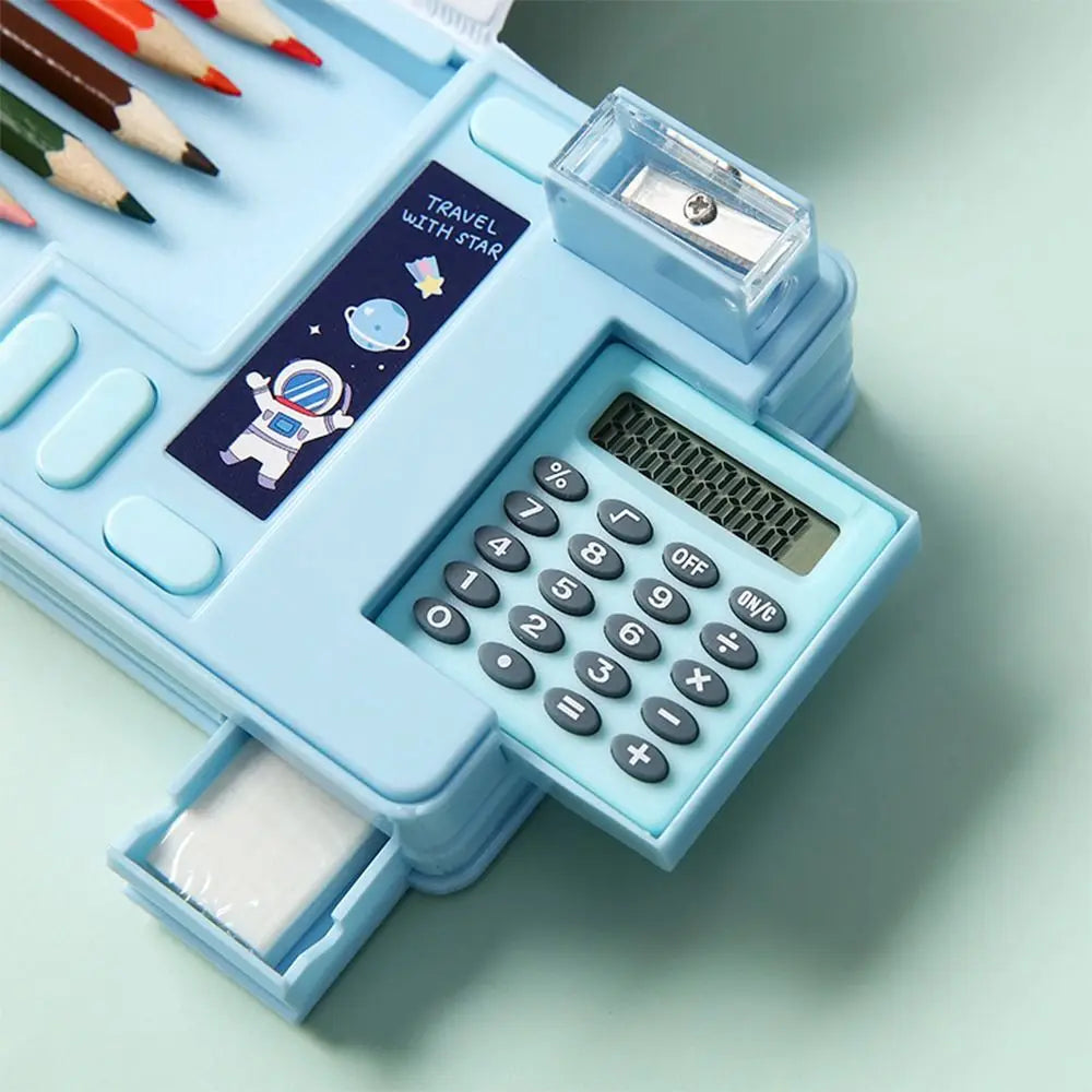 Double Layer Pencil Case Pencil Sharpener With Calculator Stationery Storage Box Plastic Astronaut/Animal Design Pencil Box
