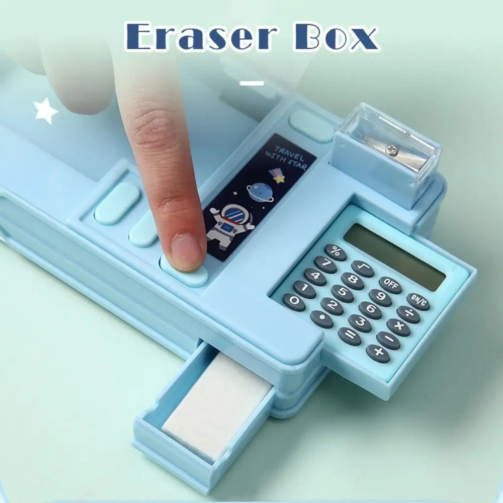 Plastic Pencil Case With Calculator/Pencil Sharpener Double Sided Use Pencil Box Fun Mechanism Design Multi-Functional Pen Box
