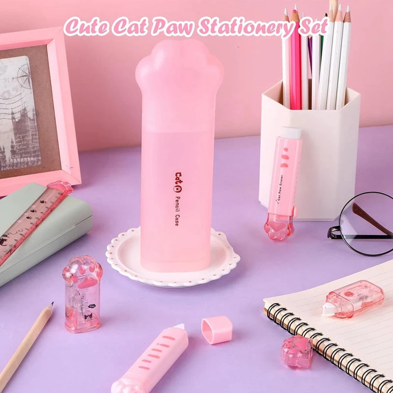 Cute Cat Paw Stationery Set, 6 Pcs Kawaii Cat Stationary Kit Pencil Sharpener Retractable Eraser Correction Tape Ruler Pink