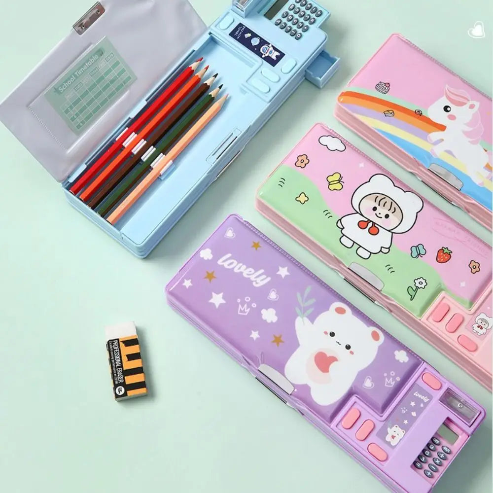 Plastic Pencil Case With Calculator/Pencil Sharpener Double Sided Use Stationery Storage Box Large Capacity Multi-Functional