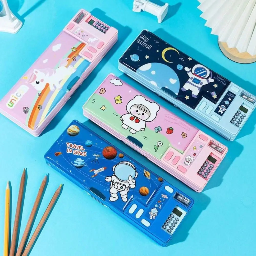Double Layer Pencil Case Pencil Sharpener With Calculator Stationery Storage Box Plastic Astronaut/Animal Design Pencil Box