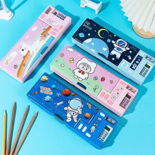 Double Layer Pencil Case Pencil Sharpener With Calculator Stationery Storage Box Plastic Astronaut/Animal Design Pencil Box