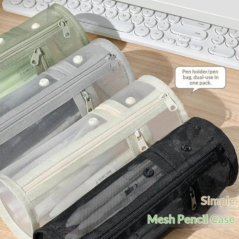 Minimalist Transparent Mesh Pencil Case Large Capacity Flip-Top Solid Color Pen Holder Students Portable Stationery Storage Bag
