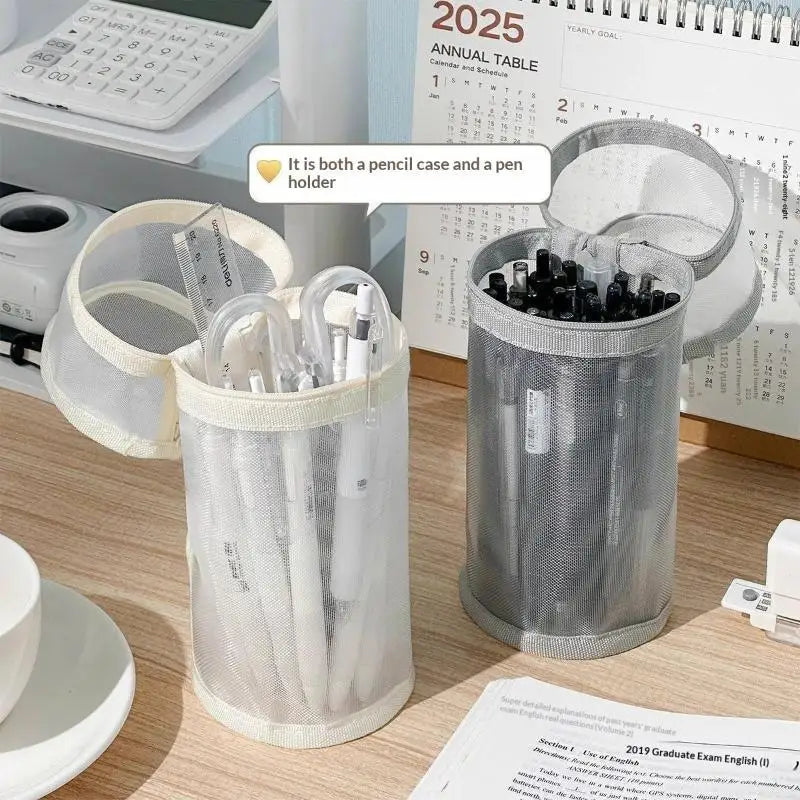 Minimalist Transparent Mesh Pencil Case Large Capacity Flip-Top Solid Color Pen Holder Students Portable Stationery Storage Bag