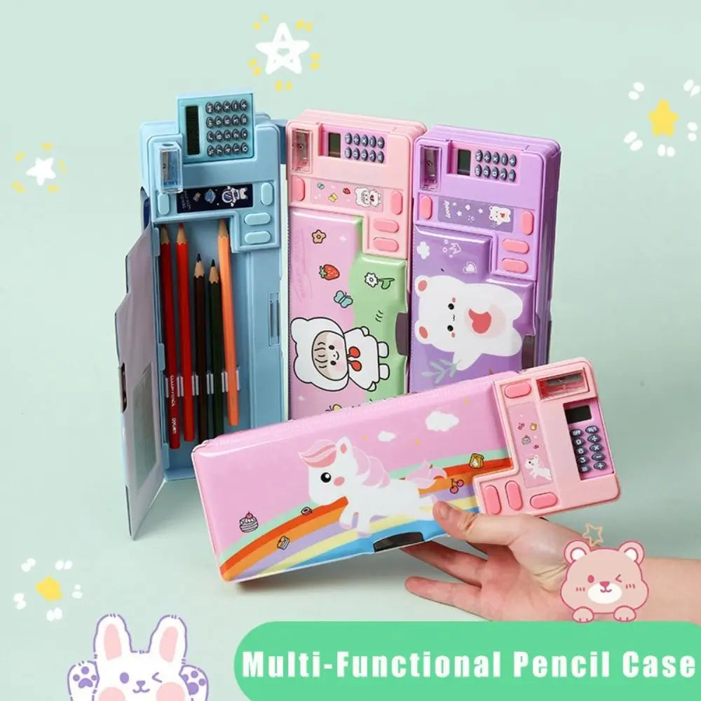 Plastic Pencil Case With Calculator/Pencil Sharpener Double Sided Use Pencil Box Fun Mechanism Design Multi-Functional Pen Box